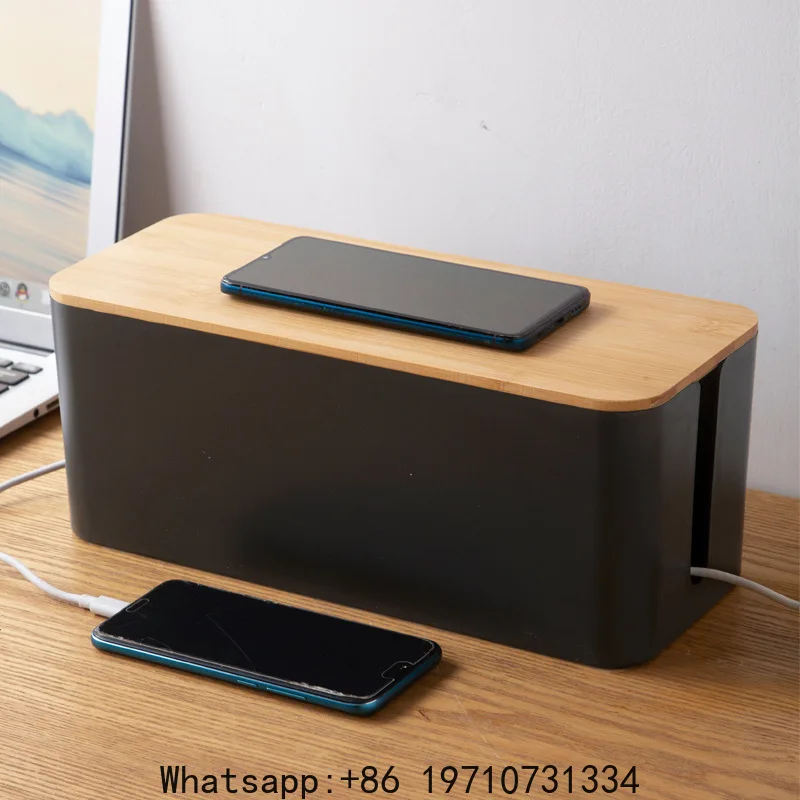 1 PC Wire Storage Box Power Plug Board Wire Boxes Socket Data Cable Junction Box Plastic Storage Box with Bamboo