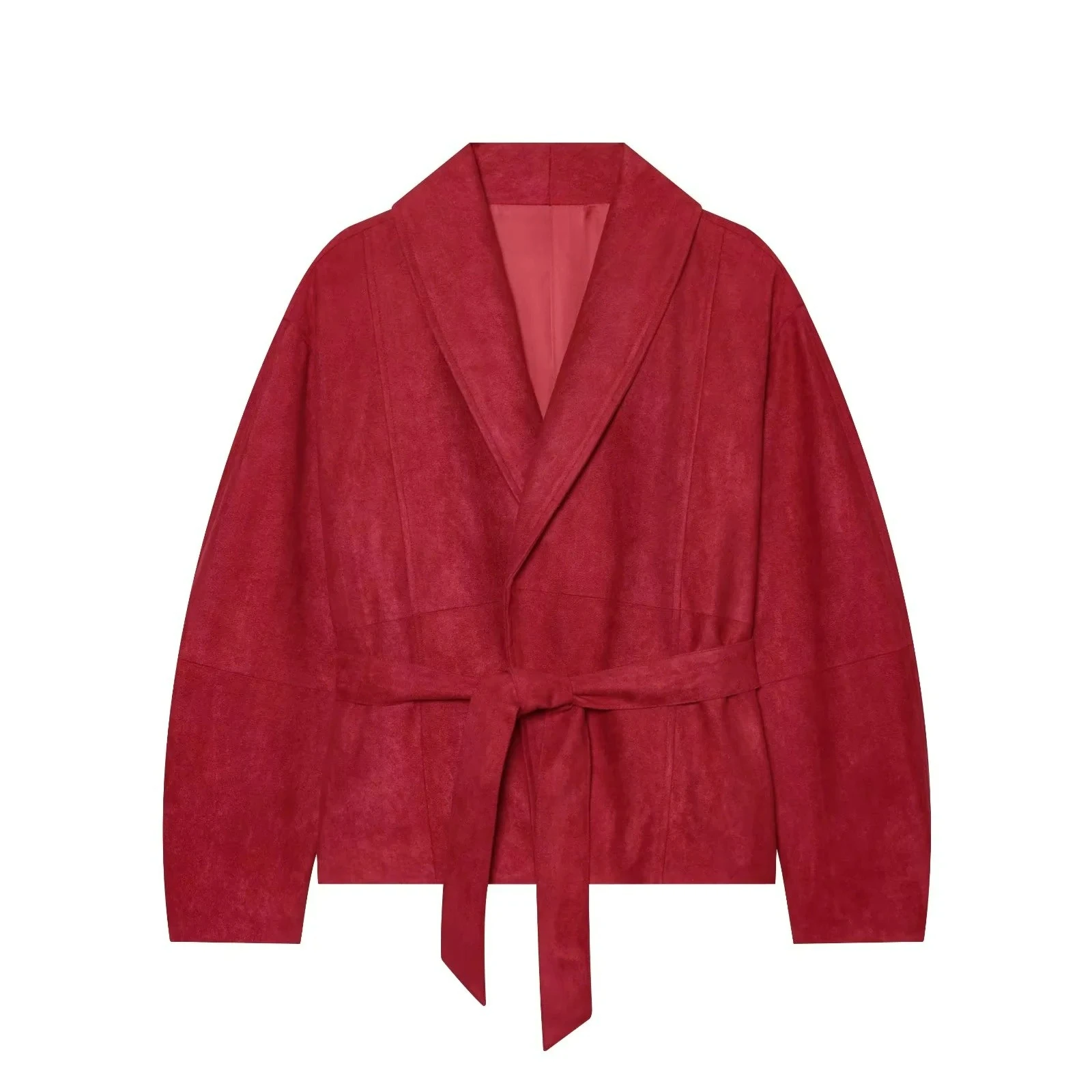 KONDALA Streetwear Casual Chic Rote Damen-Wildlederjacke mit Gürteln, Taschen, Langen Ärmeln, Mode 2026 Herbst Winter Warme Jacke – Detail 2