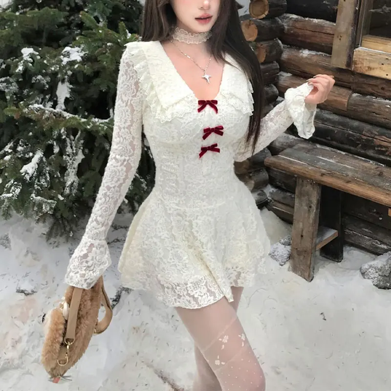 Female Clothing Lace V-Neck Bow Dresses Hotsweet Hollow Out Spring Autumn Stylish Flare Sleeve Vintage A-Line Waist Mini Dress
