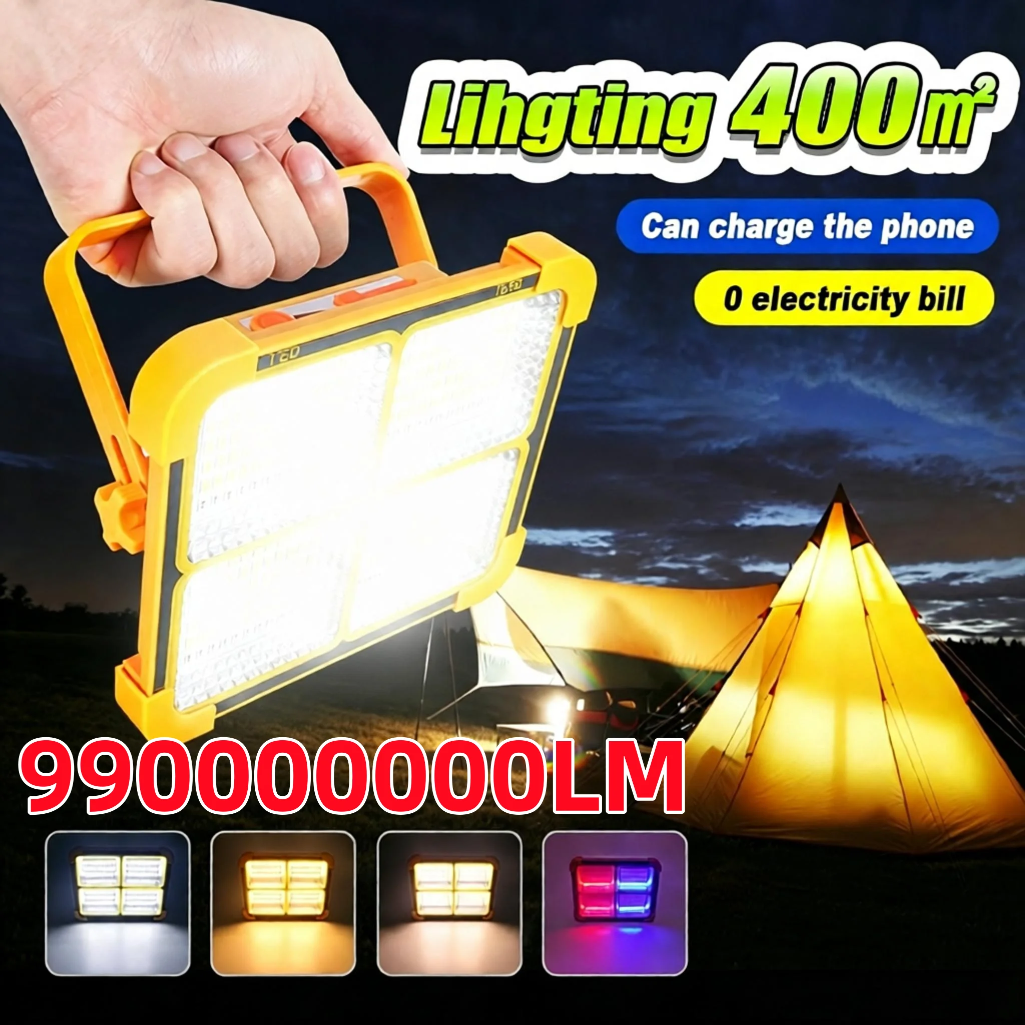 990000000LM LED Tent Light Solar Powered Lamp Waterproof Camping Light Rechargeable Lamp Adjustable Outdoor Floodlight With Hook