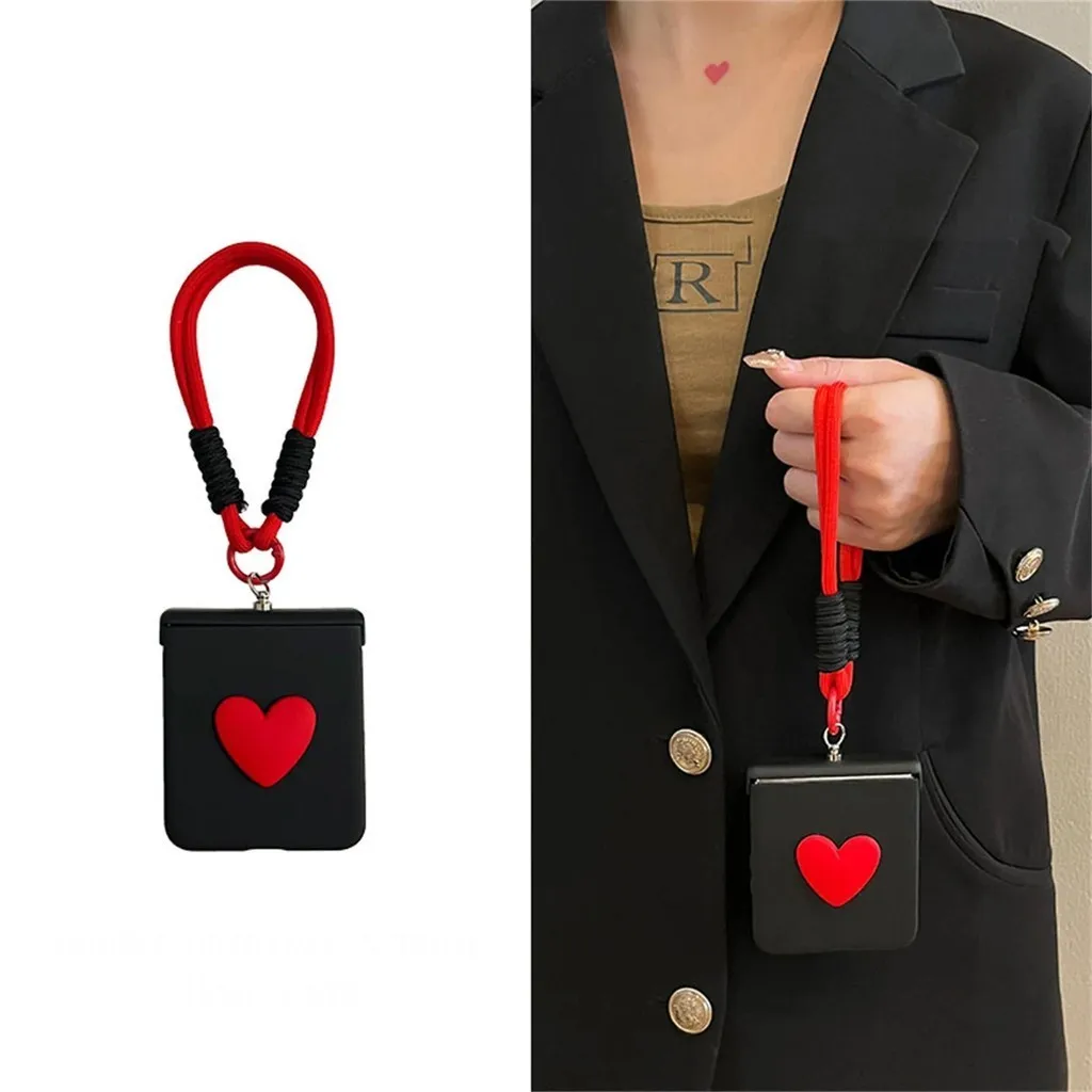 

Милый корейский Модный чехол с красными сердечками и черными петлями с портативным ремешком на руку для Samsung Galaxy Z Flip 6 5 4 3 5G Kawaii