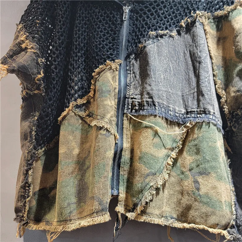 WTHT nueva moda mujer camuflaje empalmado malla con capucha manga corta Tops cintura alta A-line falda femenina 2025 verano 1LS1982
