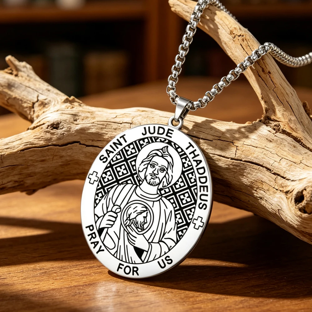 Saint Jude Men Necklace Apostles of Jesus Thaddeus Double Sides Carved Pendant Christian Catholic Religious Protection Jewelry