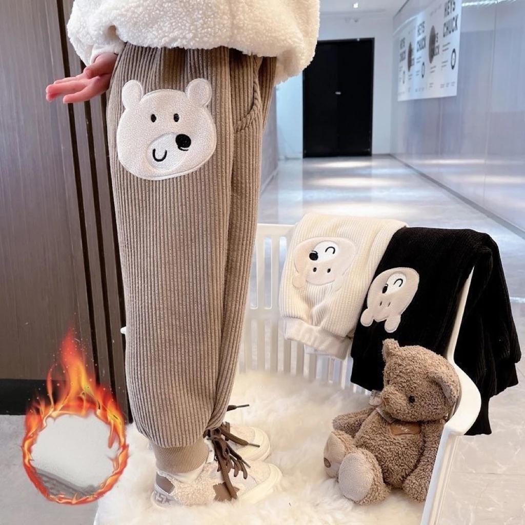 1pcs Boys Girls Winter Velvet Kids Pants Cute Little Bear Cartoon Mid Waist Warm Pantalones Baggy Thick Plush Children Trousers