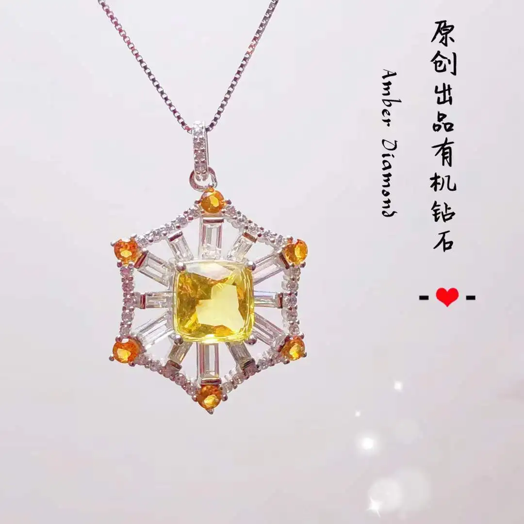 Natural Mexican Blue Amber Silver Pendant - Octagon Symmetrical Shape Faceted Square Gemstone Jewelry Gift for Women