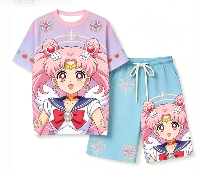 Cute Sailor Moon Crystal Anime Pajama Unisex Shirt Summer Short Sleeved Pajama Set Children Kawaii Set Cartoon Home Outfit