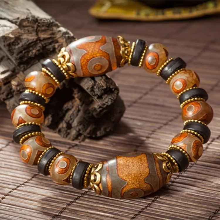 Natural Tibetan Old Agate Three-eyed Bead Bracelet for Men and Women Ethnic Retro Bracelet Jewelry