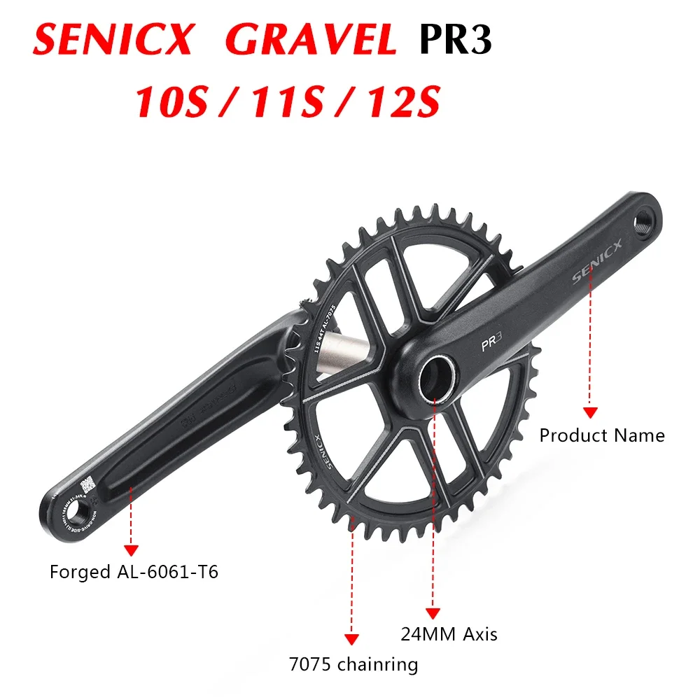 

SENICX PR3 Gravel Bike Crankset - 1x 40T/42T/44T Narrow-Wide Chainring for 10/11/12 Speed | 165-175mm 24mm Axle Arms