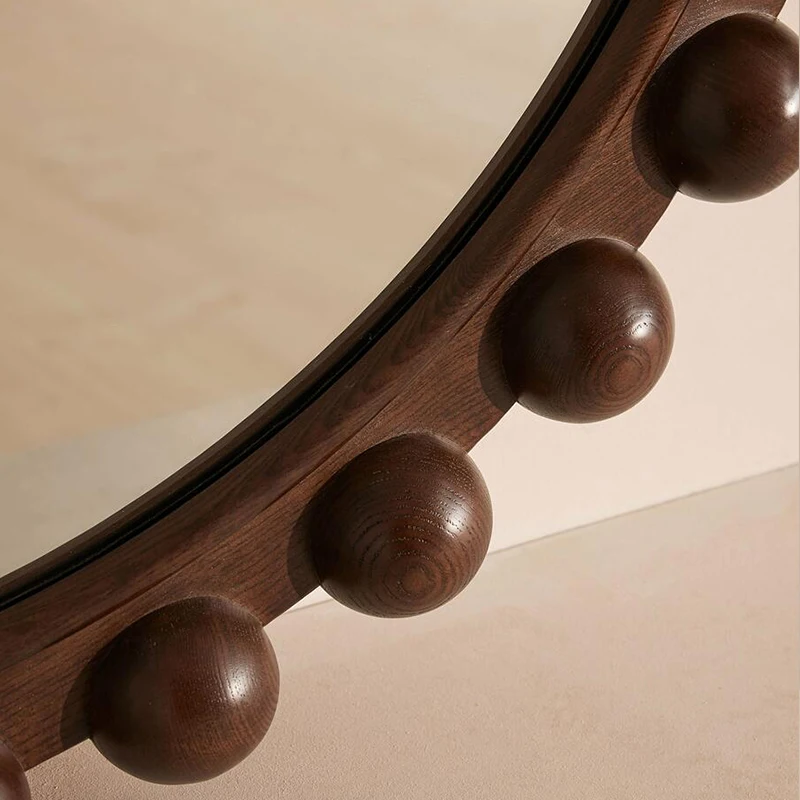 Decorative Bobble Frame Solid Dark Oak Wood Round Mirror for the Wall