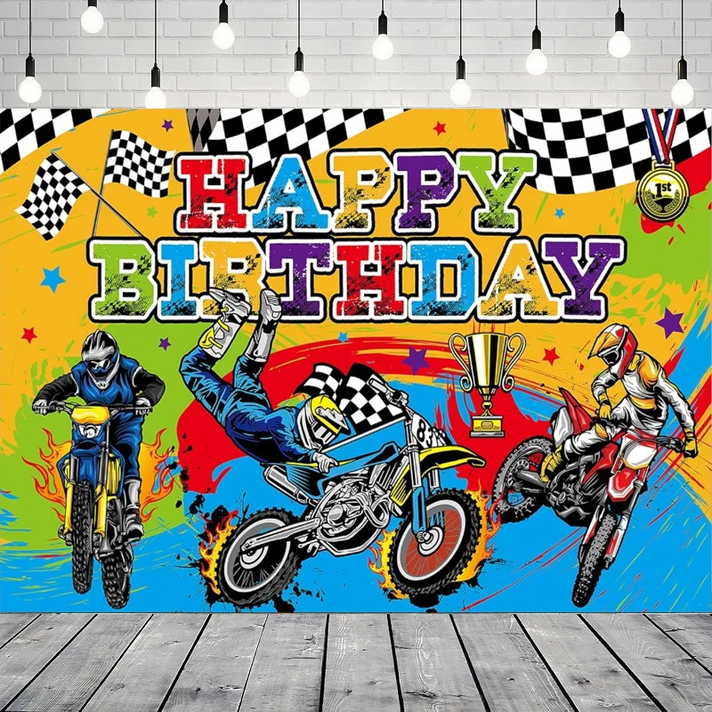 Photography Backdrop Dirt Bike Extreme Motocross Sports Racing Bike Poster For Boy Happy Birthday Party Decor Background Banner