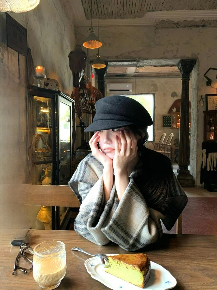 

Retro Korean Plaid Stand Collar ort Woolen Coat Women's Winter New Sle Ele Soft Loose Tweed Coat Long Sve Button