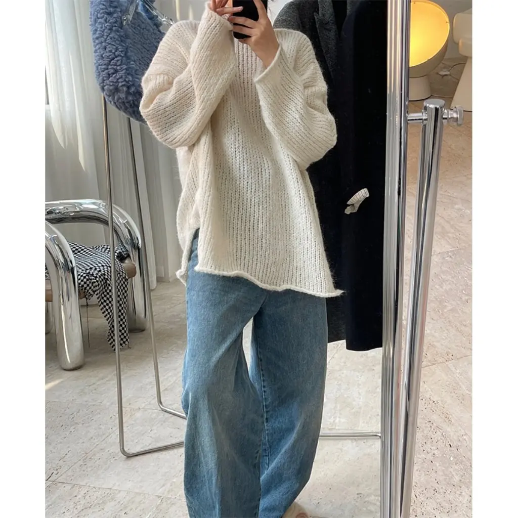 

Korean Dongdaemun Cream Thick Needle Pullover Sweater for Women Loose Basic Top Autumn Winter Fashion Simple Lazy Style