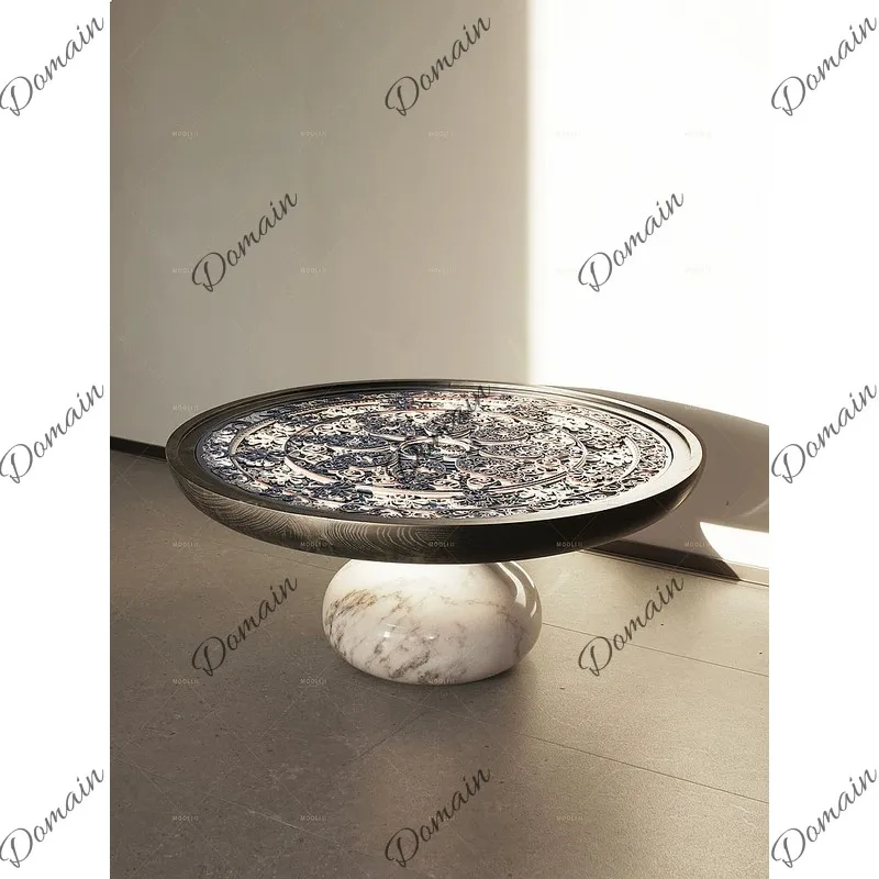 Moroccan Style Solid Wood Blue Porcelain Coffee Table for Living Room Small Space Round Marble Tea Table
