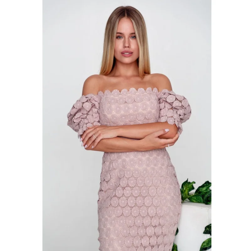 2023 New Fashion Lace Floral Temperament Skirt Solid Chest Wrapped Mid Length Summer Beach Dress Slash Neck Office Lady Slim