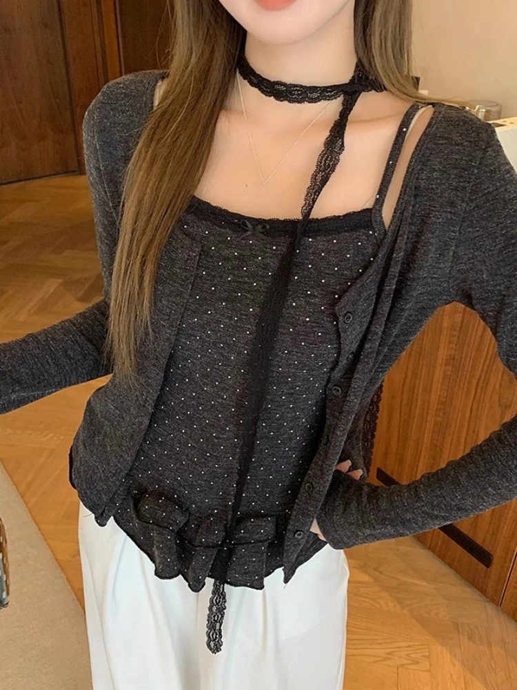 

Sweet Elegant Casual T-shirts 2 Piece Set Women Lace Polka Dot Y2k Tops + Cardigan Harajuku Fashion Retro Korean Popular Clothes