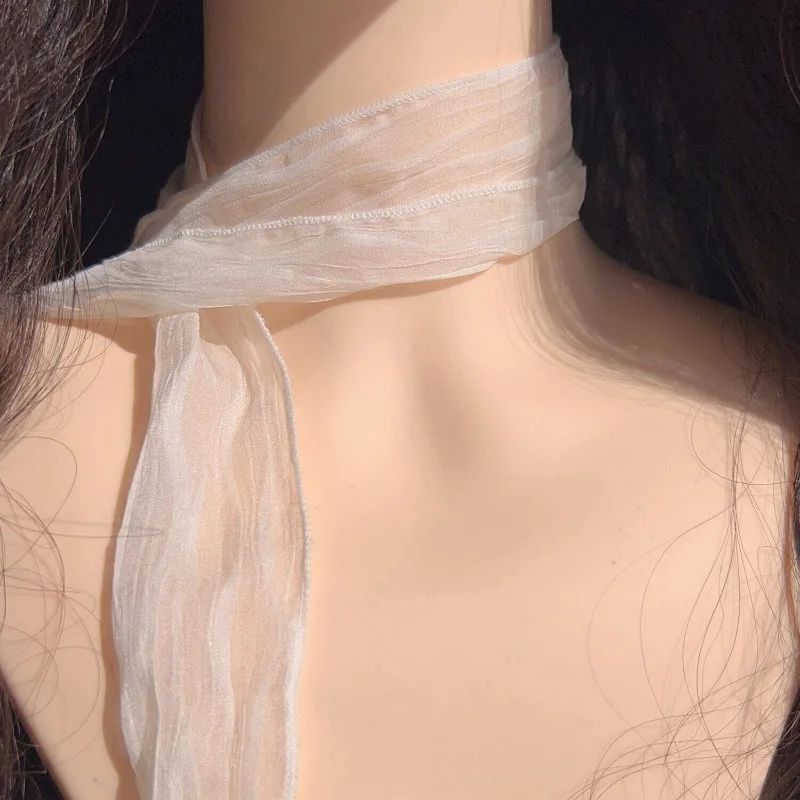 Korean Style Silk Scarf for Women Summer  Sweet Long Rectangle Neck Tie Sunshade Light Beige Drifting Ribbon Shawl