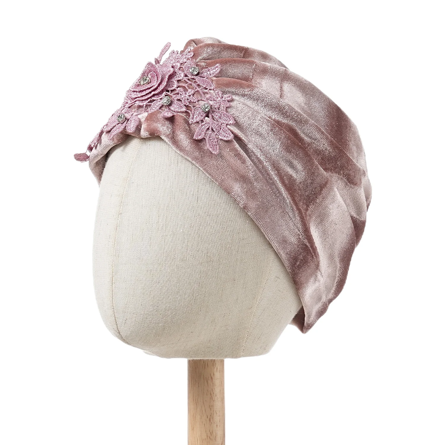 Blumenstickerei-Turban-Mütze für Damen, modische Kopfbedeckung, Samt-Moschehausschlag, Bonnet, Turbante Mujer – Detail 5