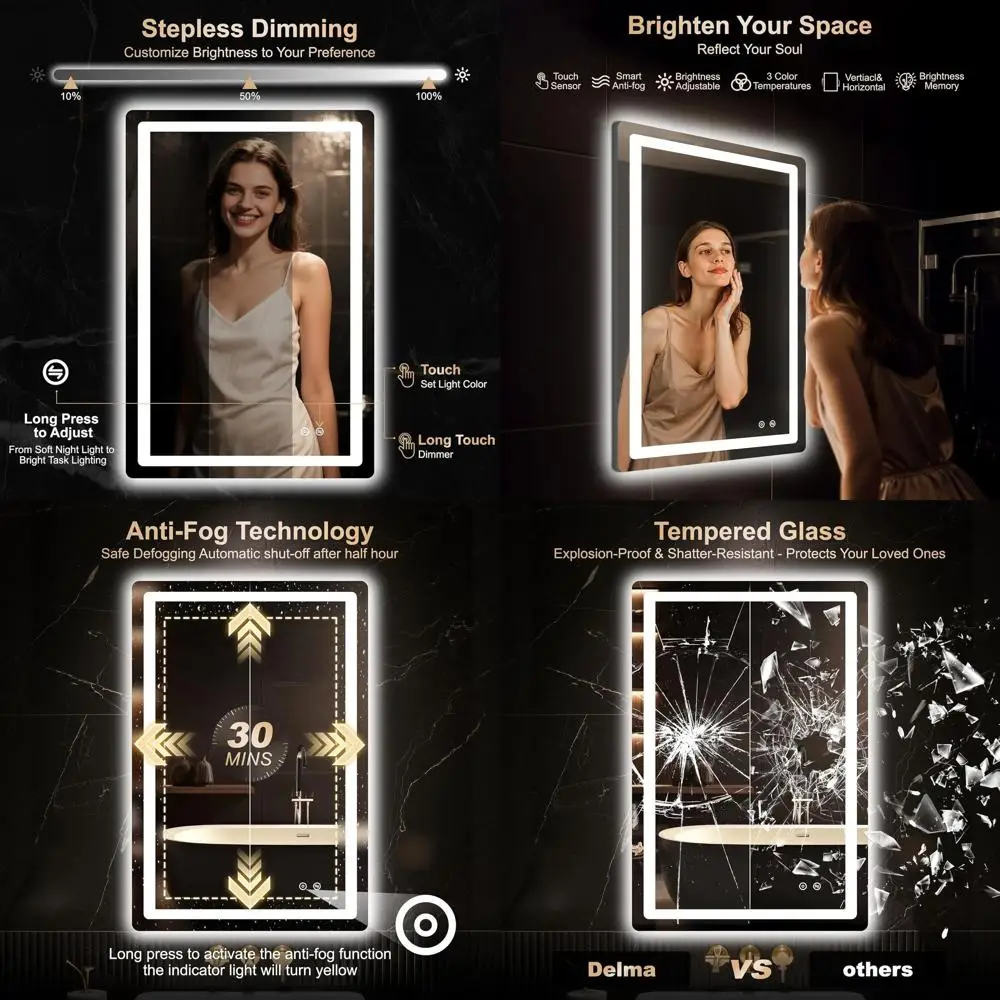 

36x24 LED-lit Vanity Mirror, Dimmable, Anti-Fog, Front and Back Lighting, Tempered Glass, 3 Color Options