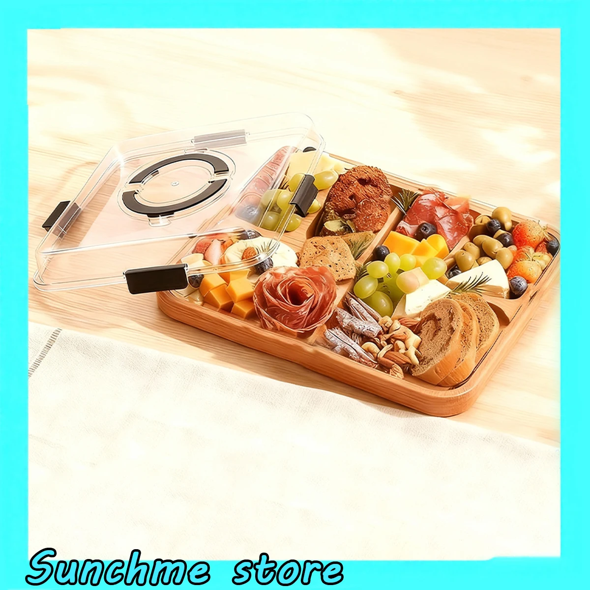 

6 Compartment Bamboo Serving Tray with Lid Handle Wooden Cheese & Charcuterie Board for Parties, Picnics, Food Display Platter