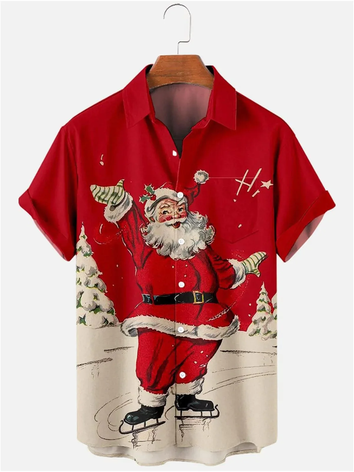 

New men's simple retro summer short-sleeved lapel button-up shirt Hawaii beach Christmas printed shirt outdoor casual top multic