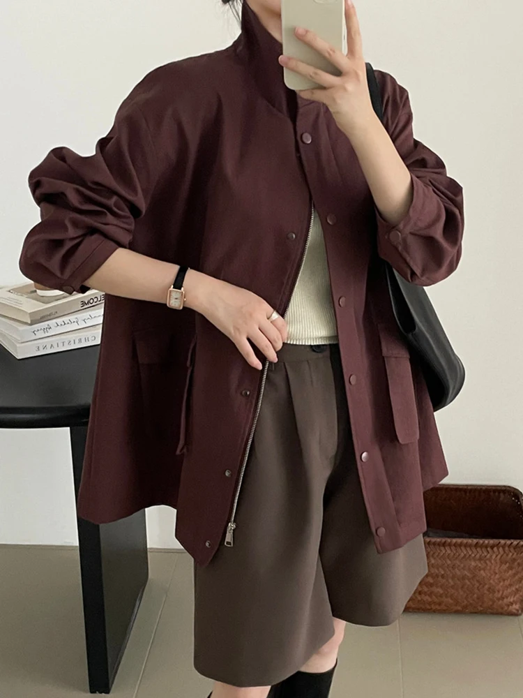 LANMREM Fashion Solid Color Women's Jackets Stand Collar Long Sleeves Zipper Pockets Coat Casual 2025 Spring New 2VV1850