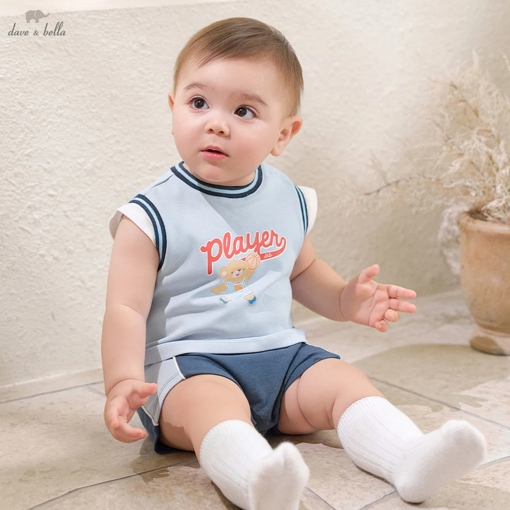 Dave Bella Summer Sleeveless Baby Jumpsuit Boys Cartoon Printed Romper Cotton Newborn Creeper Party Clothes DB2262068