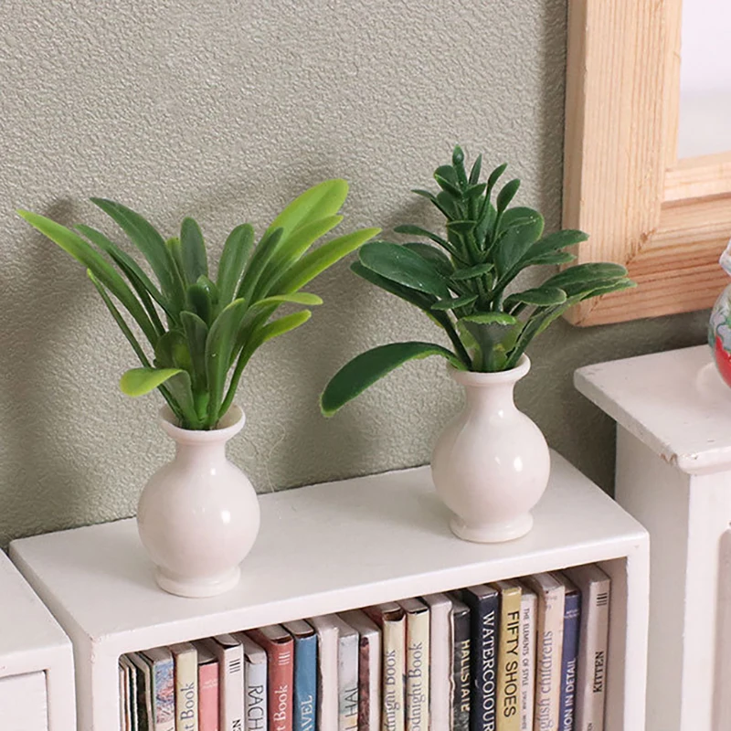 1pc Dollhouse Mini Plastic Simulation Vase Green Plant Miniature Model Mini Floral Arrangement Toy Ornaments