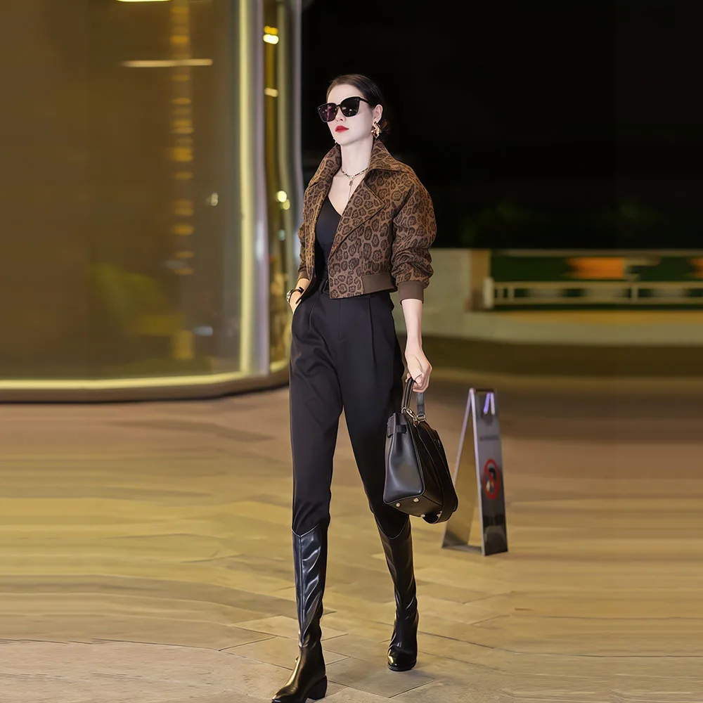 Giacca da donna con stampa leopardata High Street Cappotti corti con risvolto retrò americano Donna Casual Cerniera Manica lunga Capispalla Autunno Nuovo cappotto