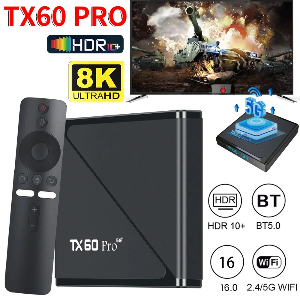TX60 PRO Android 16 Smart TV Box 14K 2.4G/5G Dual WiFi 6 Media Player Set Top Box مع جهاز التحكم عن بعد Set Top Box Quad Core16GB 256GB