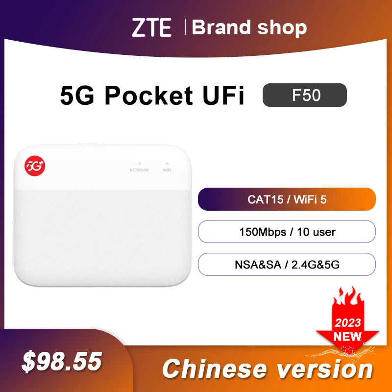 

2023 New Original ZTE UFi F50 5G Pocket MiFi 5G Sub-6 SA/NSA N1/5/8/28/41/78 4G Cat15 2.4G/5G Wifi(No battery）