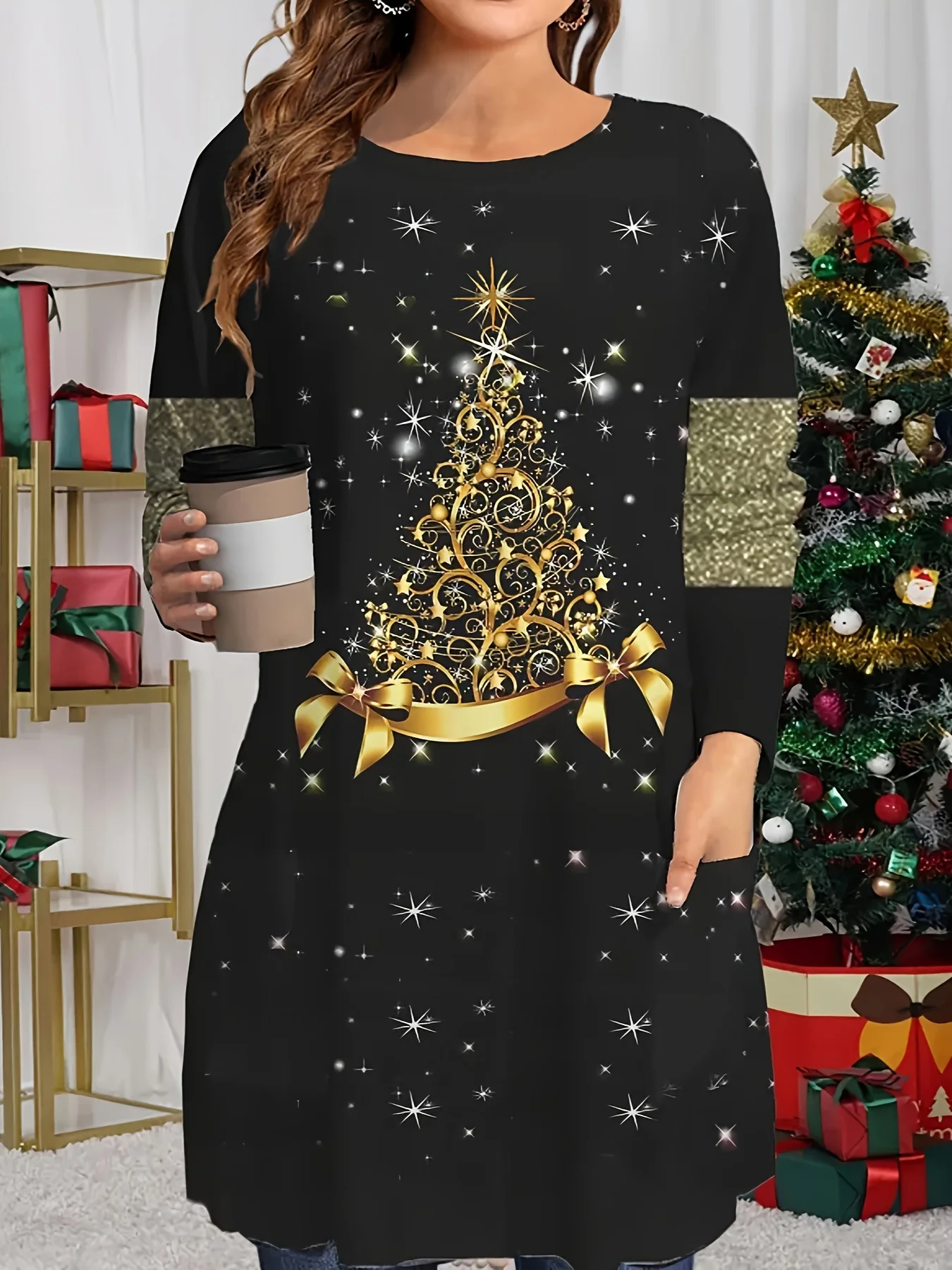 Christmas tree print round-neck mid-length T-shirt, casual long-sleeved top for autumn and winter, women's clothing with double