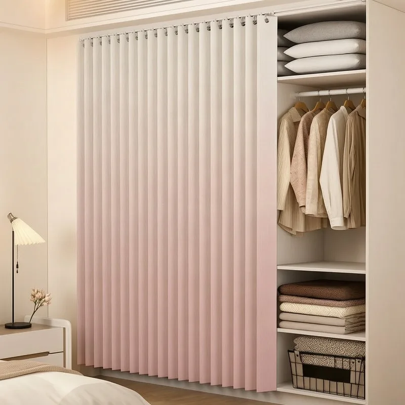 Gradient Pleated Foldable Wardrobe Track Rail Curtain Punch-Free For Open Closet Storage Cabinet To Hide Household Clutter