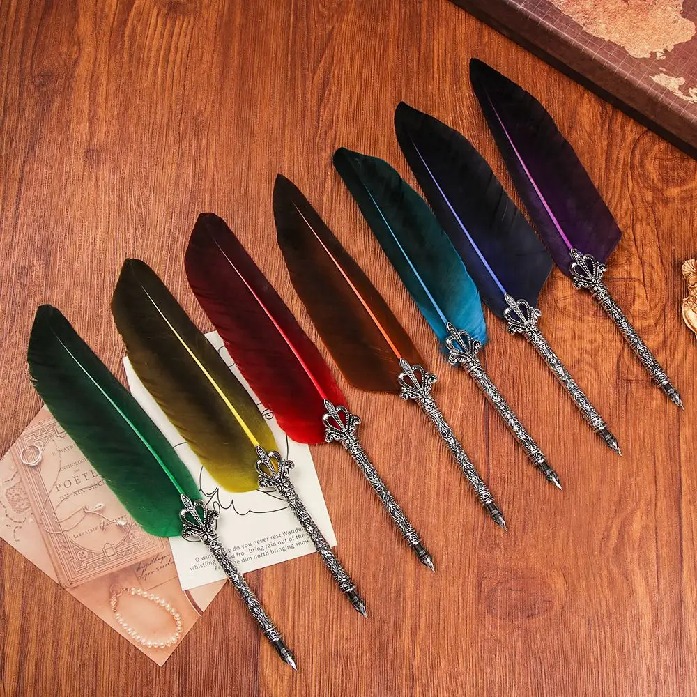 1 Set Luxury Vintage Turkey Feather Dip Fountain Pen + 5 Nibs English Calligraphy Creative Signature Ink Pen Writing Tools