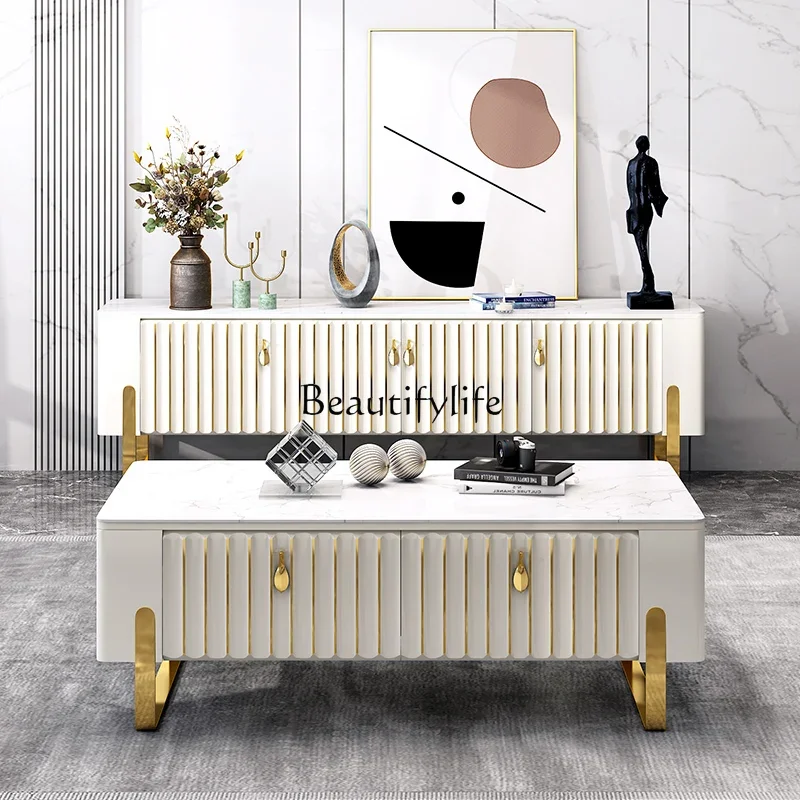 

Italian Light Luxury Coffee Table TV Cabinet Combination Simple Living Room Stone Plate White Creative Coffee Table