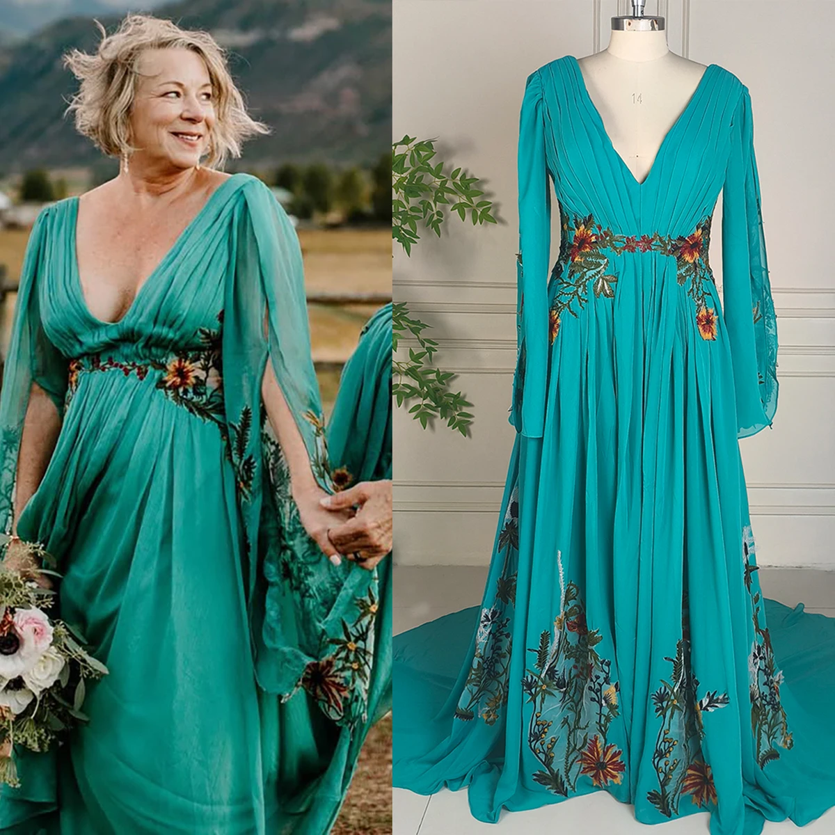 Woodland Garden Colorful Plus Size Wedding Dress Embroidered Cutout Backless Long Split Flare Sleeves Customized Bridal Gowns