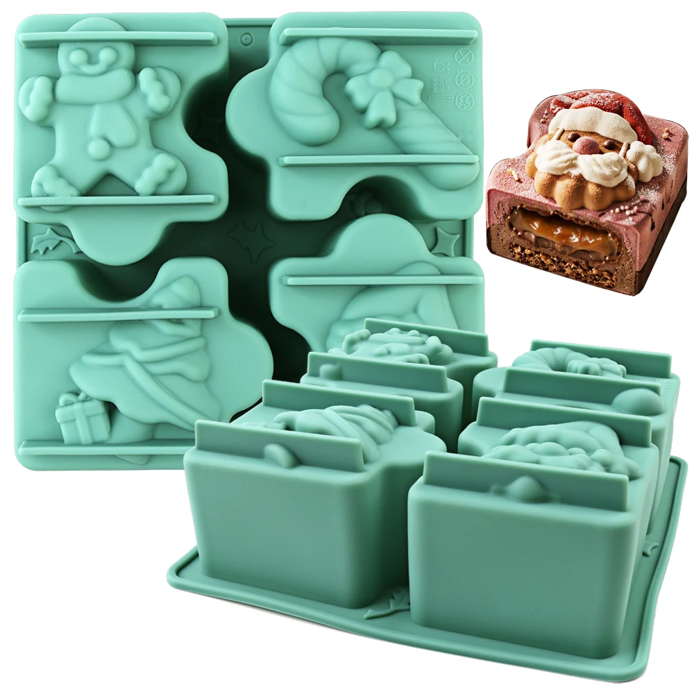 Christmas-Themed Creative Puzzle-Shaped Silicone Baking Mold, Includes Gingerbread Man, Christmas Cane, Christmas Tree, Santa Claus Cavity, Non-Stick and Easy to Demold, Food-Grade Silicone, Can Be Used to Make Cakes, Mousse, Holiday Baking, DIY for Beginners
