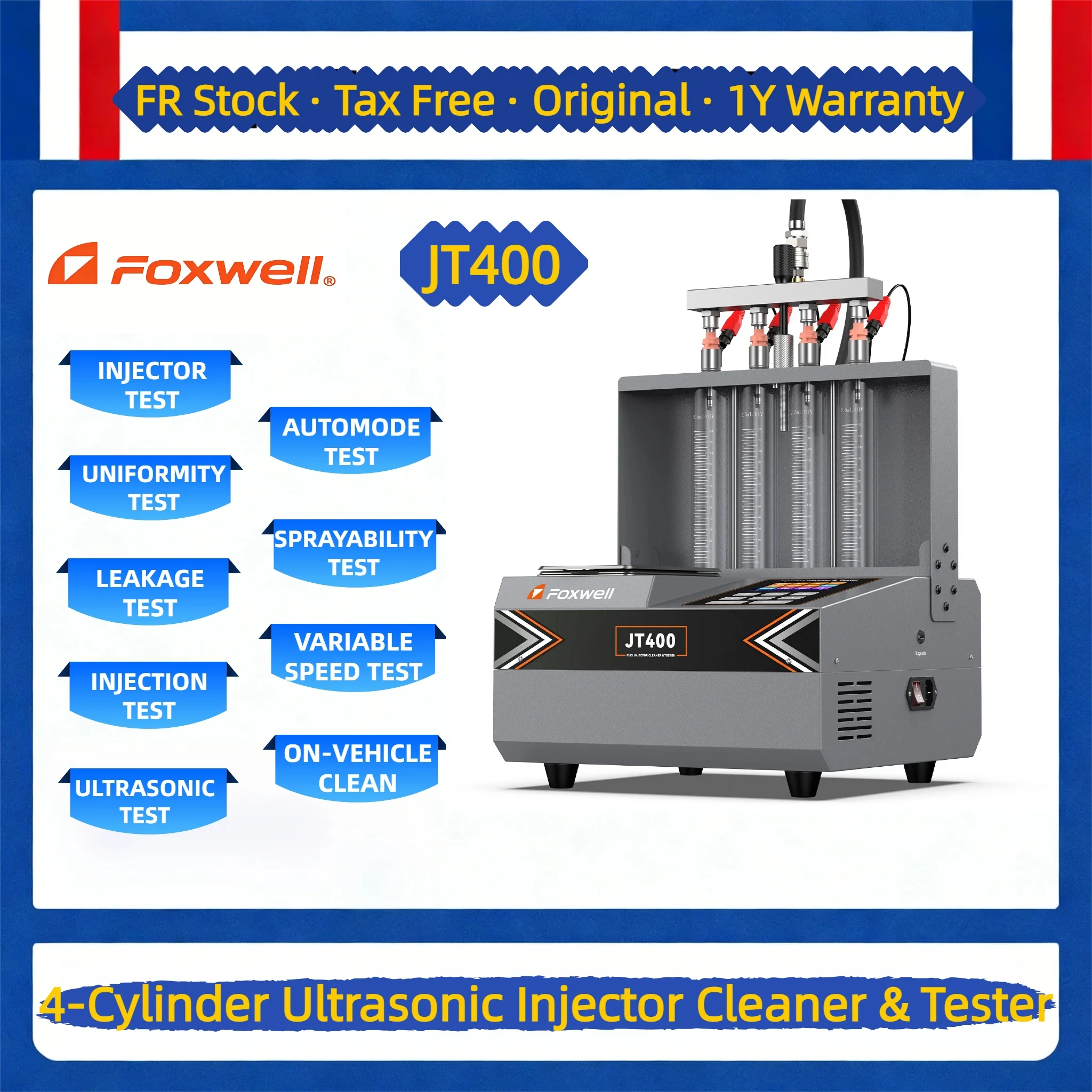 Nettoyeur et testeur ultrasonique d'injecteurs de carburant FOXWELL JT400 4 cylindres, outil de diagnostic et de test de fuite GDI EFI FSI pour voiture et moto