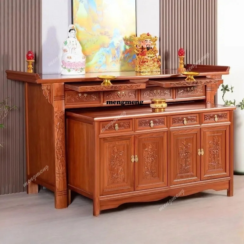 Altar Table with Elevated Indoor Altar Cabinet for Home Use, Complete Set with Two-Tier Offering Table