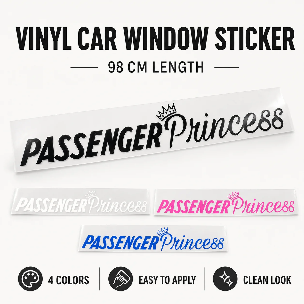 Passenger Princess Car Window Sticker Vinyl Decal Crown Lettering Auto Decoration 4 Colors Easy Apply Clean Look