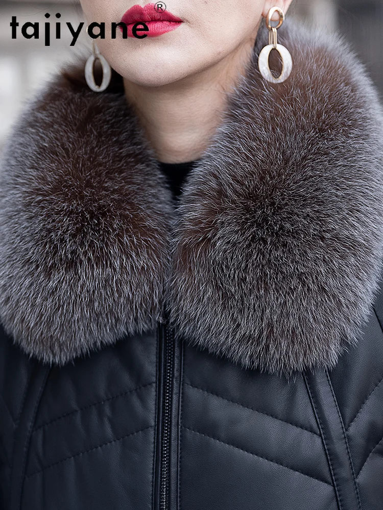 เสื้อแจ็คเก็ตขนเป็ดแท้ TAJIYANE 100% หนังแกะ แต่งขนฟ็อกซ์ สำหรับผู้หญิง เสื้อโค้ทหนังแท้ เสื้อผ้าฤดูหนาว ผู้หญิง 2025