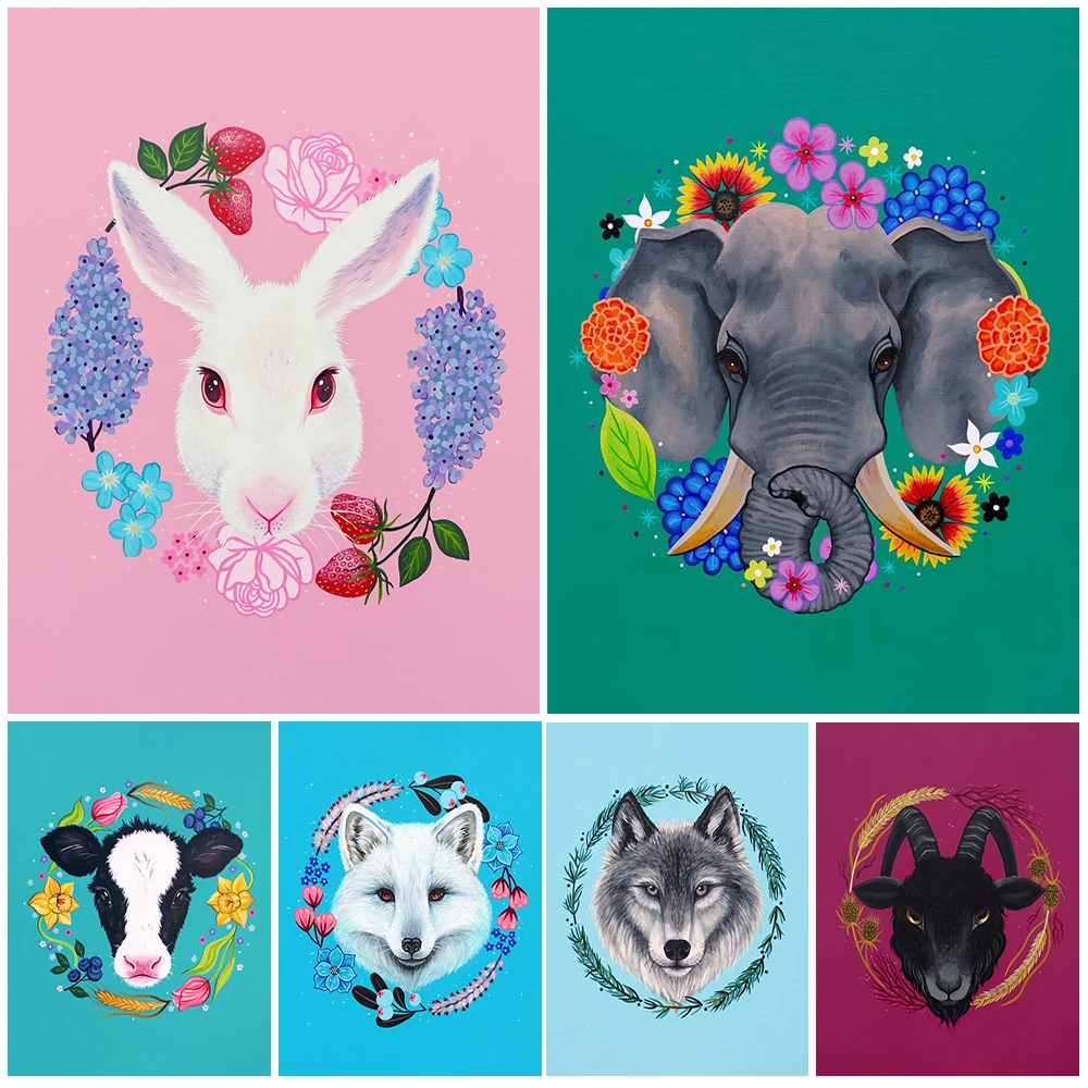 Wild Animal Flower Rabbit Elephant Art Posters And Prints Wall Art Canvas Painting Wall Pictures For Living Room Decor Unframed