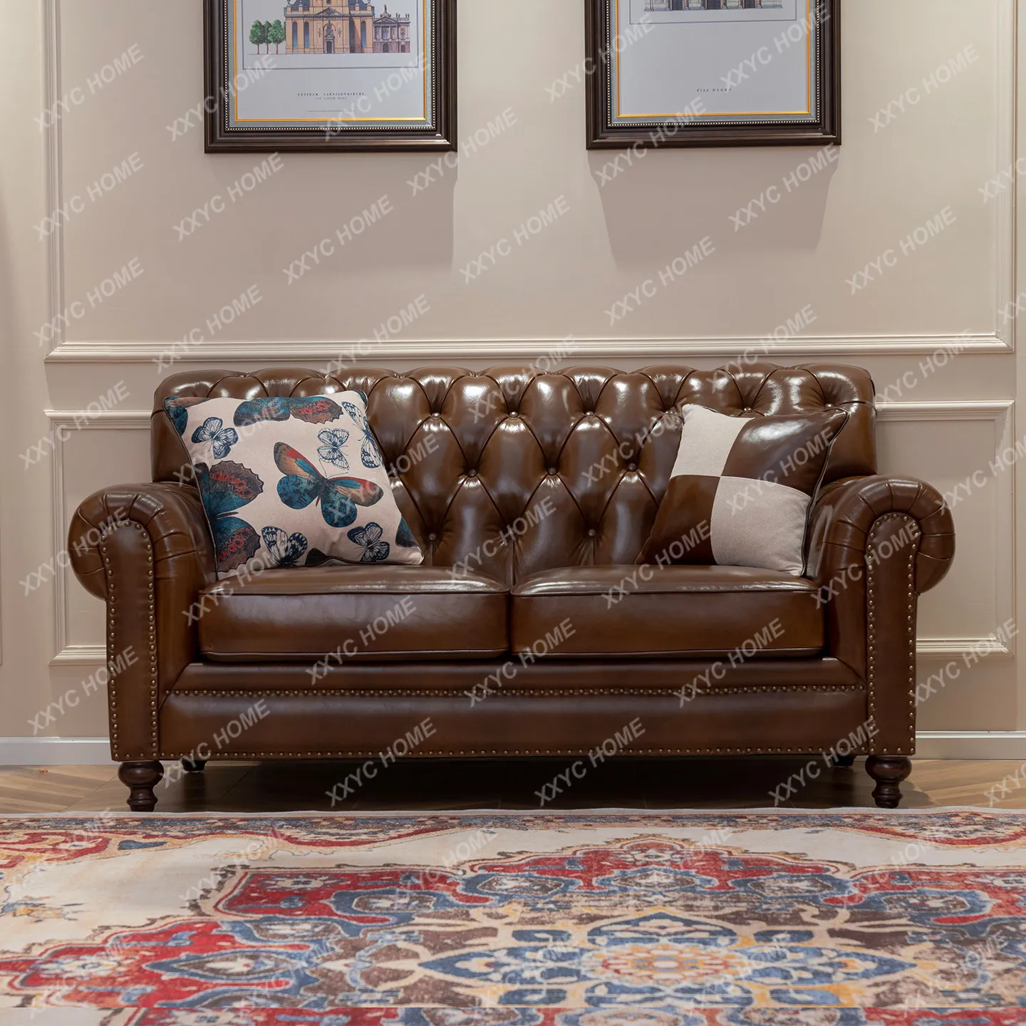 Double leather sofa combination buckle retro style villa furniture leather sofa