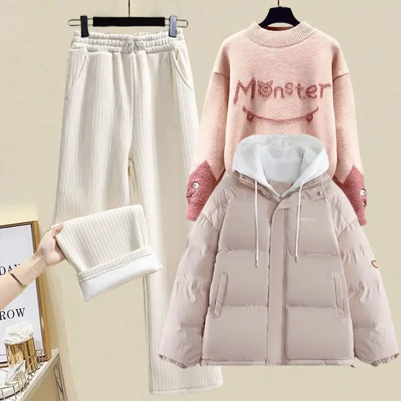 Korean Style Plush and Thick Cotton Jacket Hoodie Knit Sweater Pullover Casual Wide Legged Pants Elegant Women\'s Three Piece Age