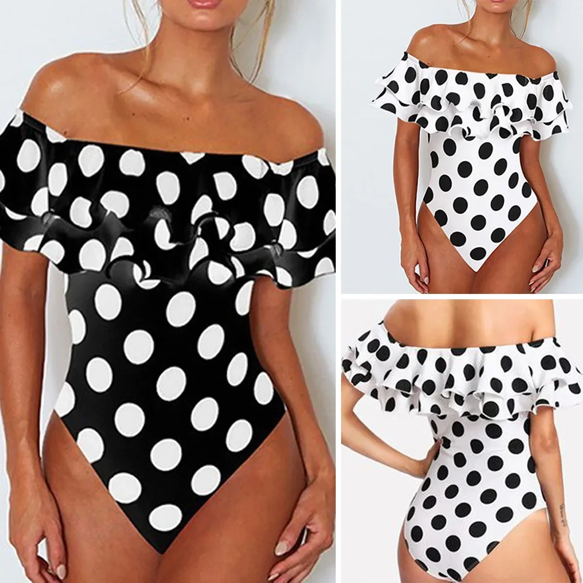 Sexy Off Shoulder One Piece Swimsuit Polka Dot Plus Size Bathing Suit For Women Ruffled High Waisted Swimwear Beach Wear Bather