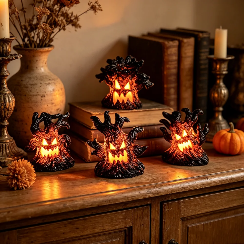 4pcs Halloween Tree Light Decoration Mini LED Ghost Tree Stump Ornament for Home Party Table Haunted House Escape Room Decor