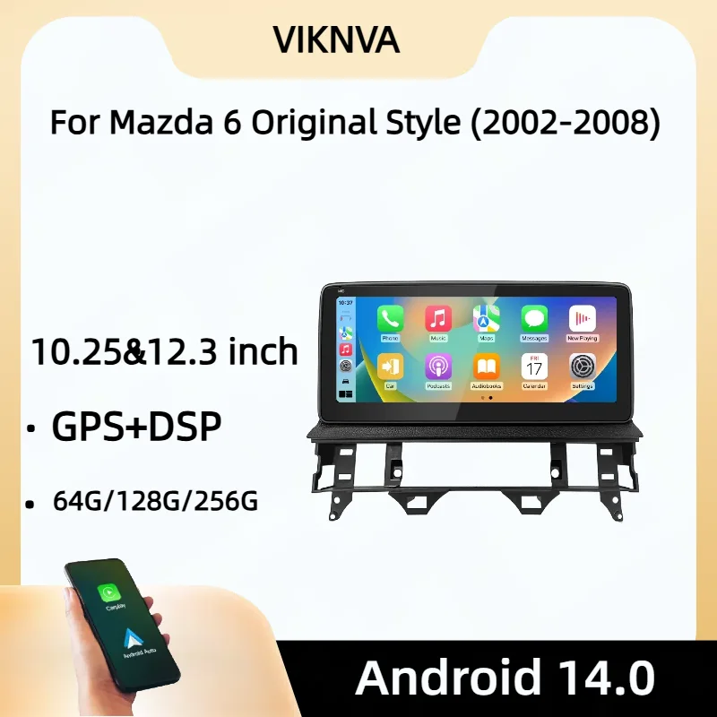 Android 14 Car Stereo Multimedia Navi GPS Auto Radio Player Screen Carplay BT 4G WIFI DSP for Mazda 6 2002-2008