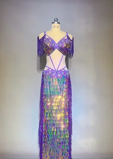 BellyDancer Costume Customized High End Custom Magic Flash Purple Fringed Skirt Adult and Child Belly Dancing Performance Outfit