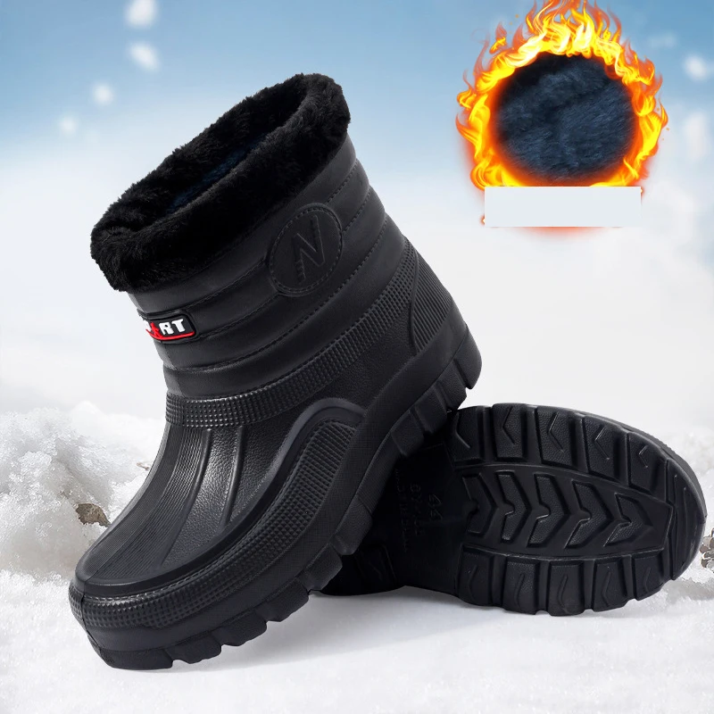 Winter Rain Boots Men Windproof Work Shoes Ankle EVA Rainboots Plush Warm Lightweight Black Slip On Anti-slip Wear-resistant