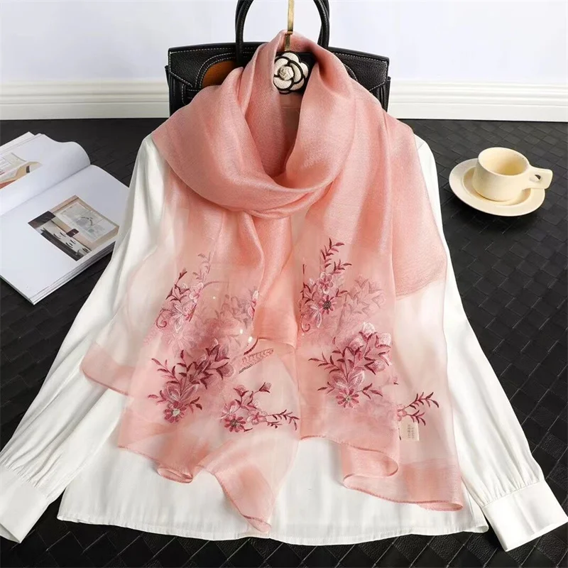 2024 NEW Fashion Women Cut Flowers Hollow Lace Gradient Flower Silk Scarf Spring Shawls and Wraps Towel Femme Beach Sjaals