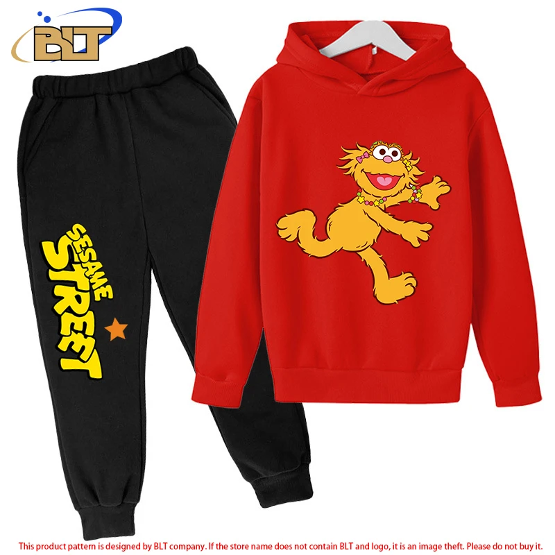 Sesame Street Kids Plush Hoodie Set Red Sports Sweatshirt Pants Two-Piece Set for Boys and Girls